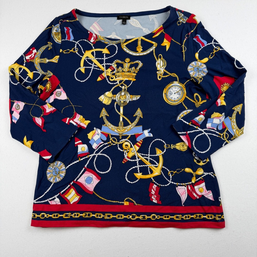 Talbots Navy Blue Nautical Print Boatneck Top Anchors Flags Rayon Spandex Large
